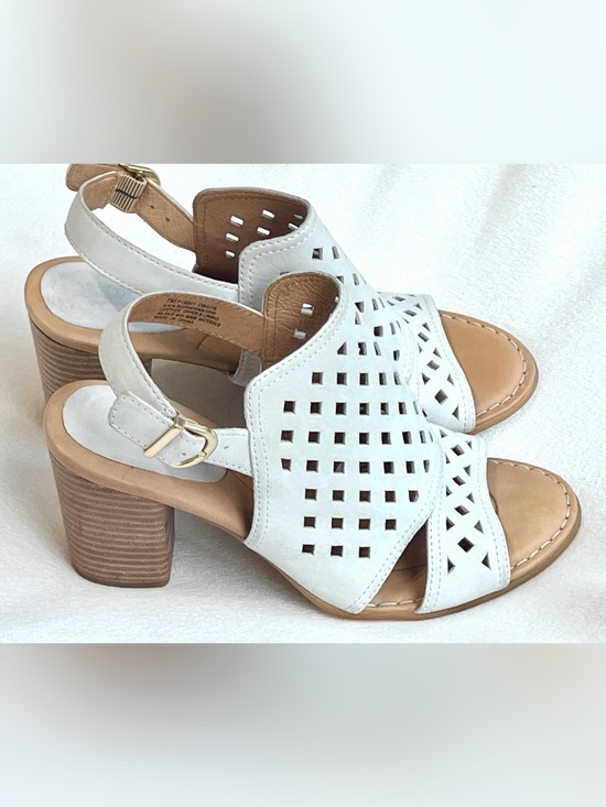 Shoes - Born White Geometric Perforated Leather Block Heel Slingback Sandals 7